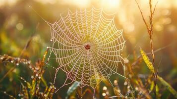 A dewy spider web glistens in the sunlight, showcasing nature's intricate design photo