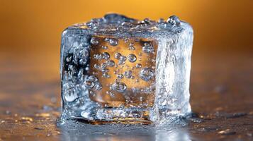 A close-up of a clear ice cube with bubbles, reflecting light against a warm background. photo