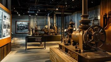 A museum exhibit showcasing historical industrial machinery and photographs photo