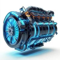 A futuristic engine design featuring glowing elements and intricate mechanical details photo