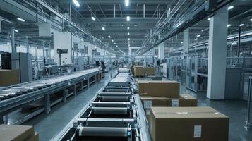 A spacious industrial facility with conveyor belts and boxes, indicating a manufacturing process. photo