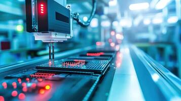 A close-up of a robotic arm inspecting microchips on a production line photo