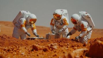 Astronauts exploring the Martian surface, conducting scientific experiments photo
