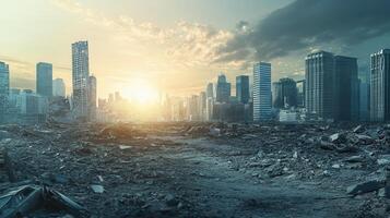 A desolate urban landscape at sunrise, showcasing ruins and a stark environment photo