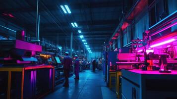 A vibrant industrial workspace with illuminated machinery and workers engaged in tasks photo