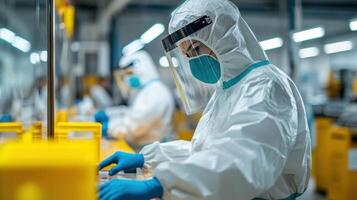 A worker in protective gear operates in a laboratory setting. photo