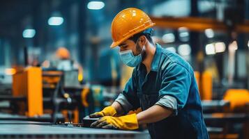 A worker in a factory setting, wearing safety gear and focused on equipment photo