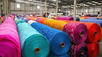 A warehouse filled with colorful fabric rolls for textile production and distribution. photo
