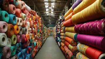 A vibrant textile warehouse filled with colorful rolls of fabric stacked along the walls photo