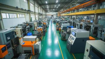 A spacious industrial workshop filled with various machines for manufacturing processes. photo