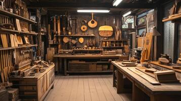 A rustic woodworking shop filled with tools, wood pieces, and crafted items for carpentry. photo