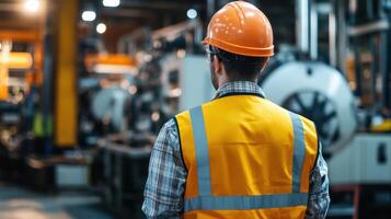 A worker in a safety vest and helmet observes machinery in an industrial setting photo