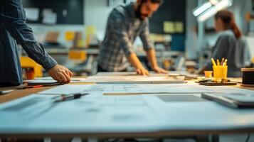 Collaborative workspace with individuals reviewing design plans and sketches photo