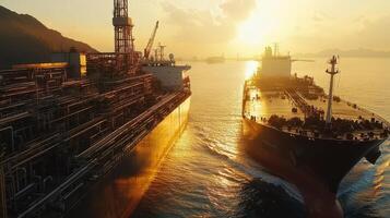 A tanker approaches an oil platform at sunset, highlighting maritime industry operations photo