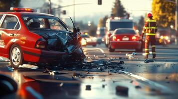A red car involved in a collision, emergency responders at the scene photo