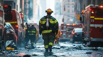 Firefighter walking through a smoke-filled street with emergency vehicles in the background. photo