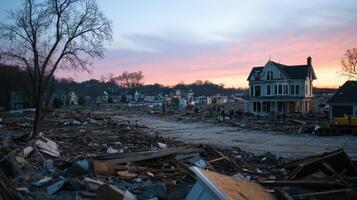 A devastated landscape after a disaster, with debris and a lone house at sunset. photo