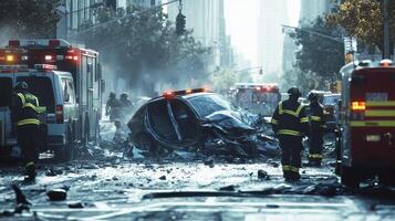 A scene of destruction with emergency responders attending to a wrecked vehicle photo