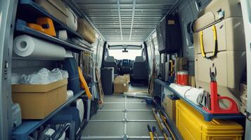 A cluttered van interior filled with various tools and supplies for work or transport. photo