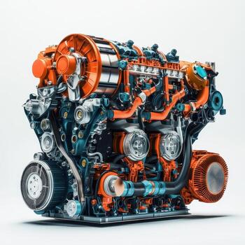 A detailed 3D rendering of a complex engine showcasing its components and design. photo
