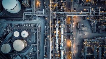 Aerial view of an industrial facility with pipes and storage tanks illuminated at dusk. photo
