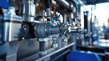 Close-up of industrial machinery with valves and gauges for fluid control. photo