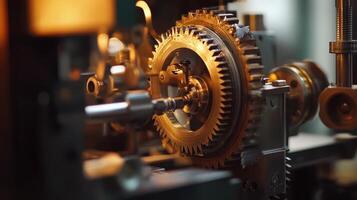 Close-up of a mechanical gear system in a factory setting, showcasing industrial machinery. photo