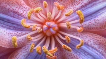 A close-up of a flower's intricate structure, showcasing its vibrant colors and reproductive parts photo