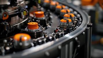 Close-up of industrial machinery with orange components on a circular conveyor system photo