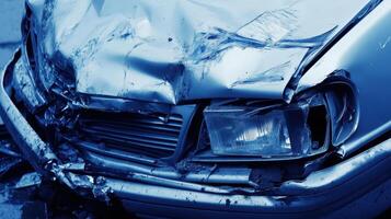 Close-up of a severely damaged car front, highlighting crumpled metal and broken headlight. photo