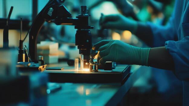 A laboratory scene with a microscope and hands conducting scientific research. photo