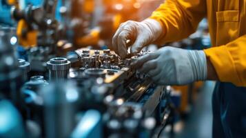 A technician assembles machinery components in a workshop, showcasing precision and skill. photo