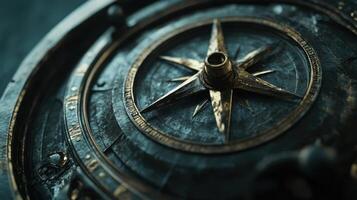 A close-up of an antique compass showcasing its intricate design and navigational purpose. photo