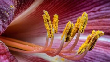Close-up of a flower's stamens covered in pollen, showcasing intricate details and colors photo