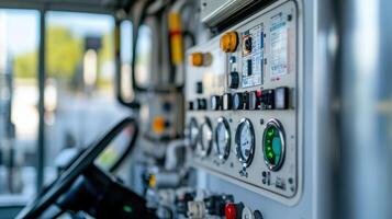 Control panel with gauges and buttons in a vehicle for industrial operations. photo