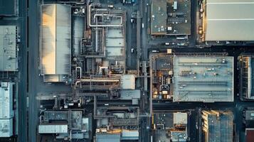 Aerial view of an industrial complex with interconnected structures and pipelines. photo