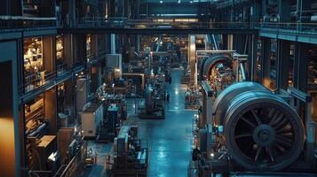 A spacious industrial facility filled with machinery and equipment for manufacturing processes. photo