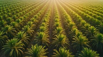 Aerial view of a lush palm tree plantation, showcasing organized rows of greenery. photo