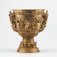 Ornate golden vase with intricate human and nature reliefs, symbolizing artistry and craftsmanship. photo