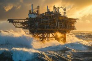 An offshore oil rig stands amidst turbulent waves during a dramatic sunset. photo