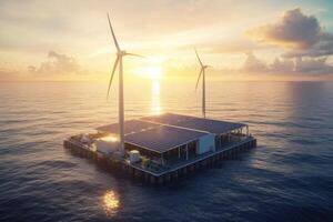 A floating renewable energy platform with wind turbines and solar panels at sunset. photo