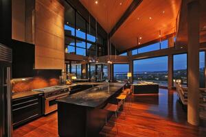 Modern kitchen with large windows showcasing a scenic view at dusk. photo