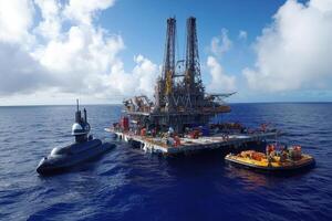 A drilling platform in the ocean with support vessels nearby. photo