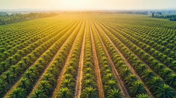 Aerial view of a lush palm plantation under a warm sunset. photo