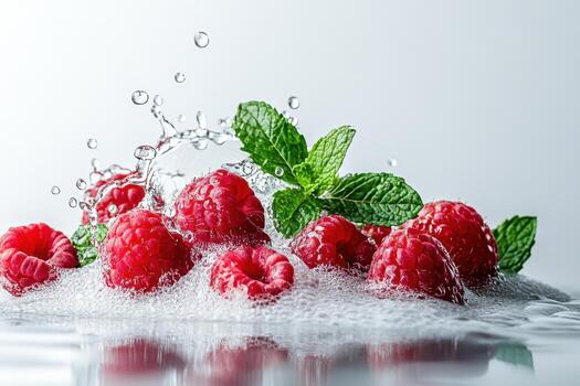 Fresh raspberries splashing in water with mint leaves, creating a refreshing scene photo