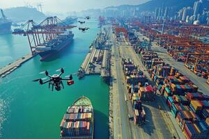 Aerial view of a busy port with drones monitoring shipping containers and vessels. photo