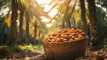 A woven basket filled with fruits in a lush palm tree grove at sunset. photo