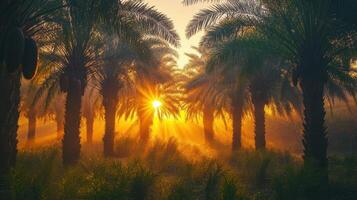 A serene sunrise illuminating a grove of palm trees amidst a misty landscape. photo
