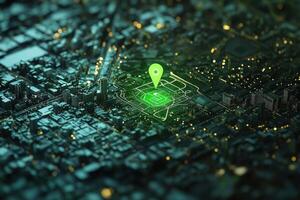 Aerial view of a city with a glowing location pin indicating a specific area. photo
