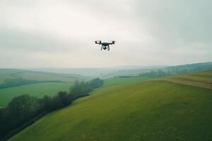 A drone hovers above lush green hills under a cloudy sky, capturing aerial views. photo